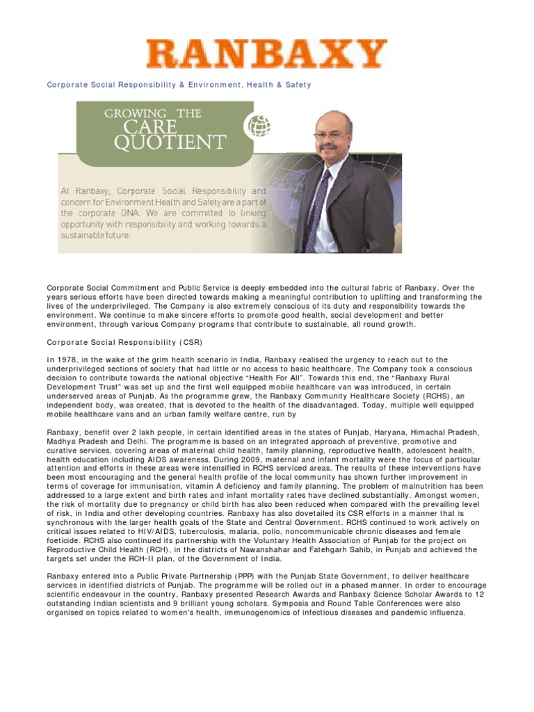 Ranbaxy CSR Report | PDF | Malaria | Management Of Hiv/Aids