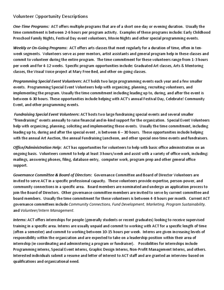 ACT Volunteer Descriptions | PDF | Internship | Job Hunting