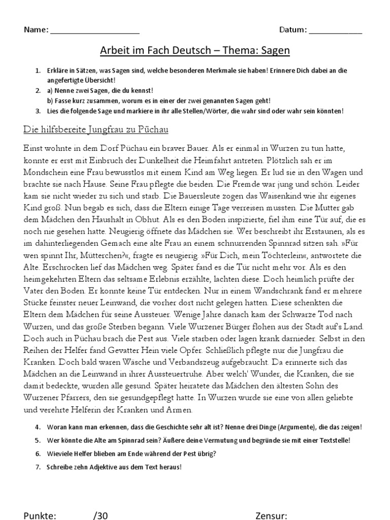 Klassenarbeit zum Thema "Sagen"