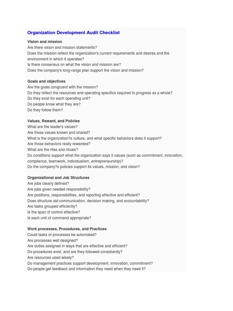 Organization Development Audit Checklist | PDF | Organization ...