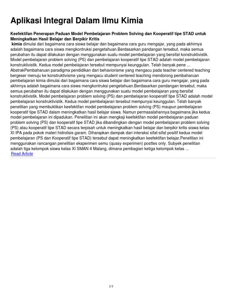 Aplikasi Integral Dalam Ilmu Kimia