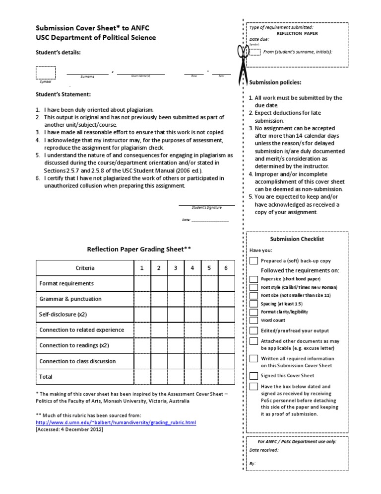 ANFC Reflection Paper Cover Sheet 2012 | PDF | Plagiarism