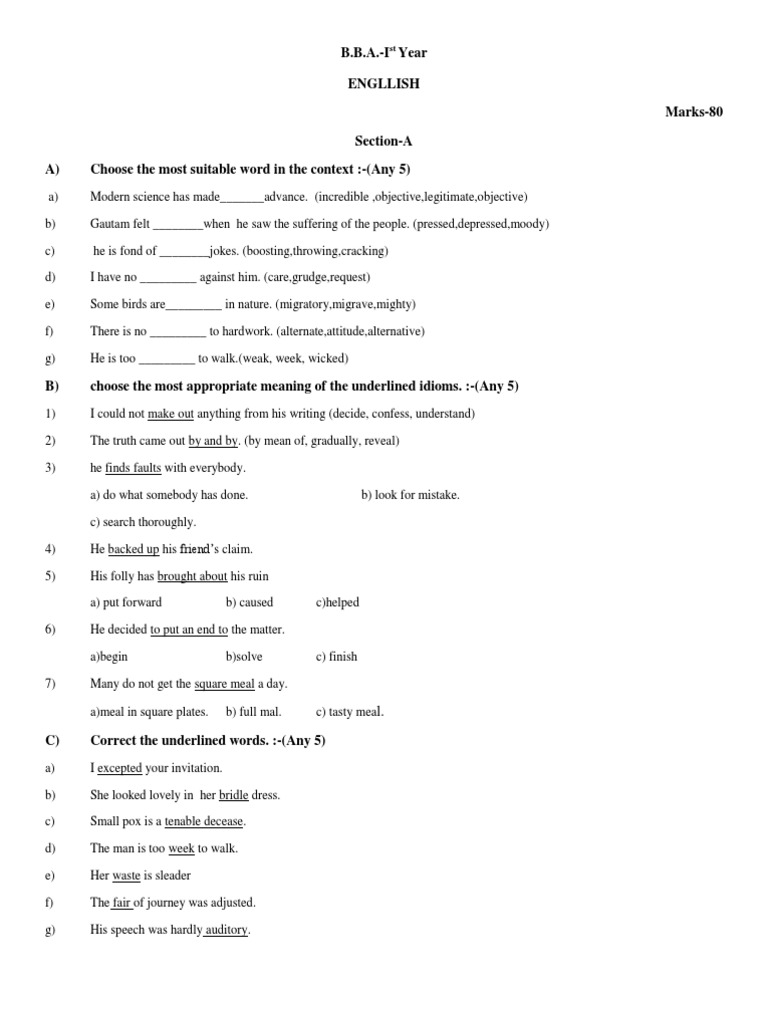 Question Paper BBA 1ST Year | PDF | Language Arts & Discipline ...