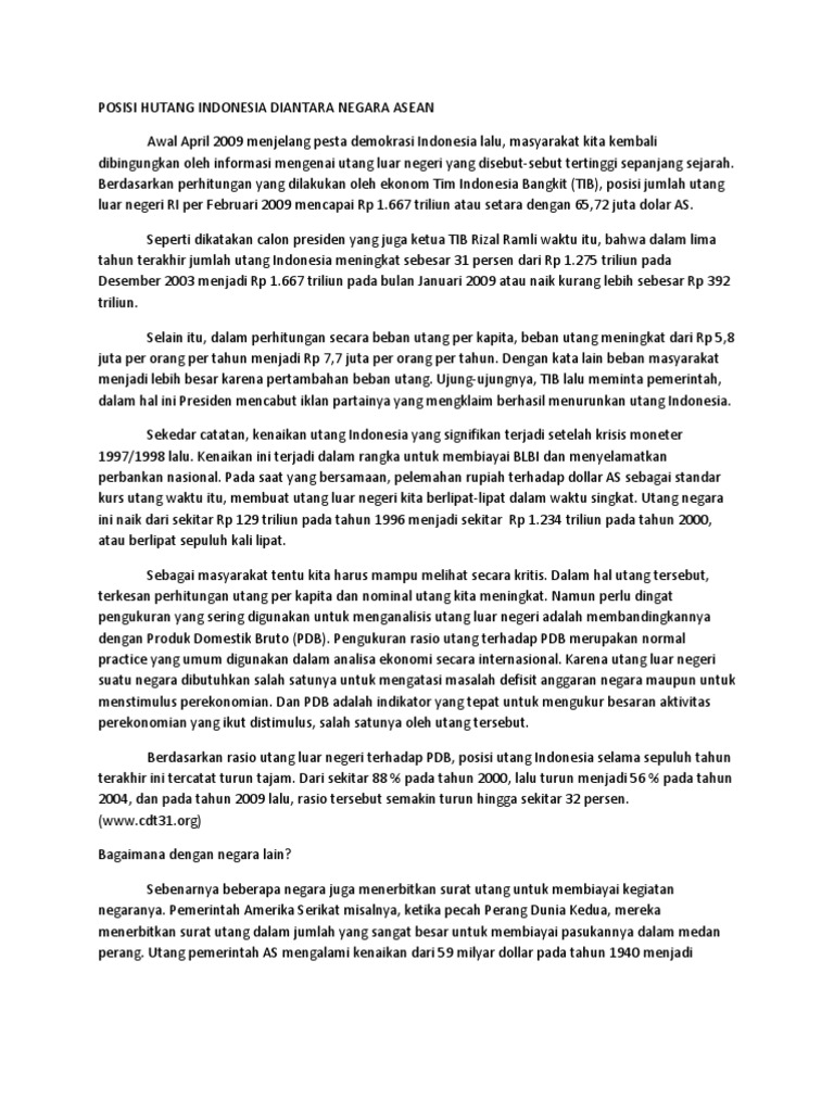 Posisi Hutang Indonesia Diantara Negara Asean Pdf