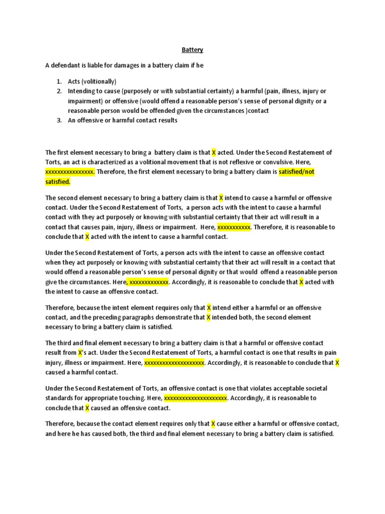 Torts Battery Essay Outline Tort Consent