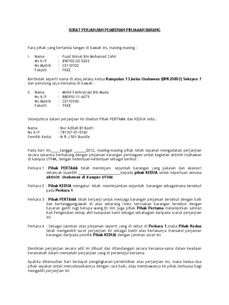 2 perjanjian surat rangkap Surat Perjanjian Pinjaman Contoh