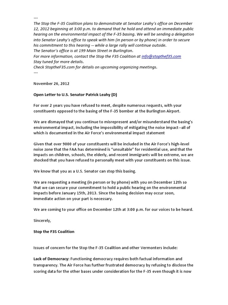 Open Letter To Senator Leahy - Final | PDF | Lockheed Martin F 35 ...
