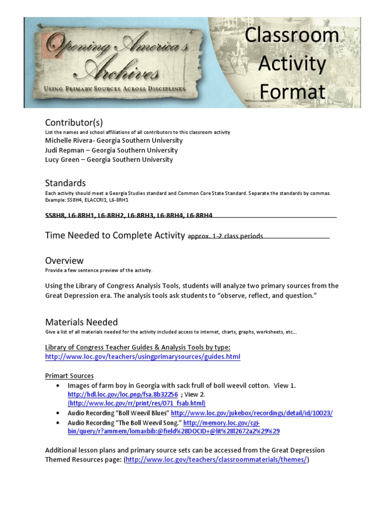 Great Depression Primary Source Activity | PDF | Lesson Plan | Cognition