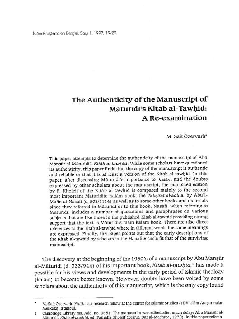 The Authenticity of Manuscript of Al Maturdi's Kitab At-Tawheed: Re ...