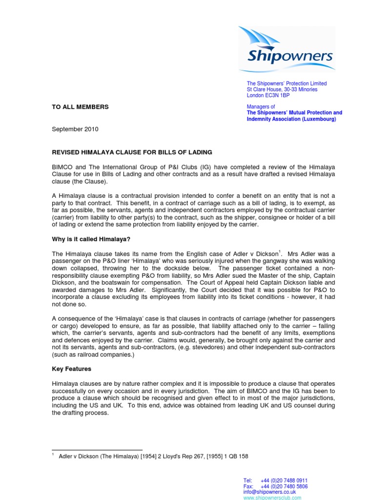 Himalaya Clause Law Of Agency Bill Of Lading