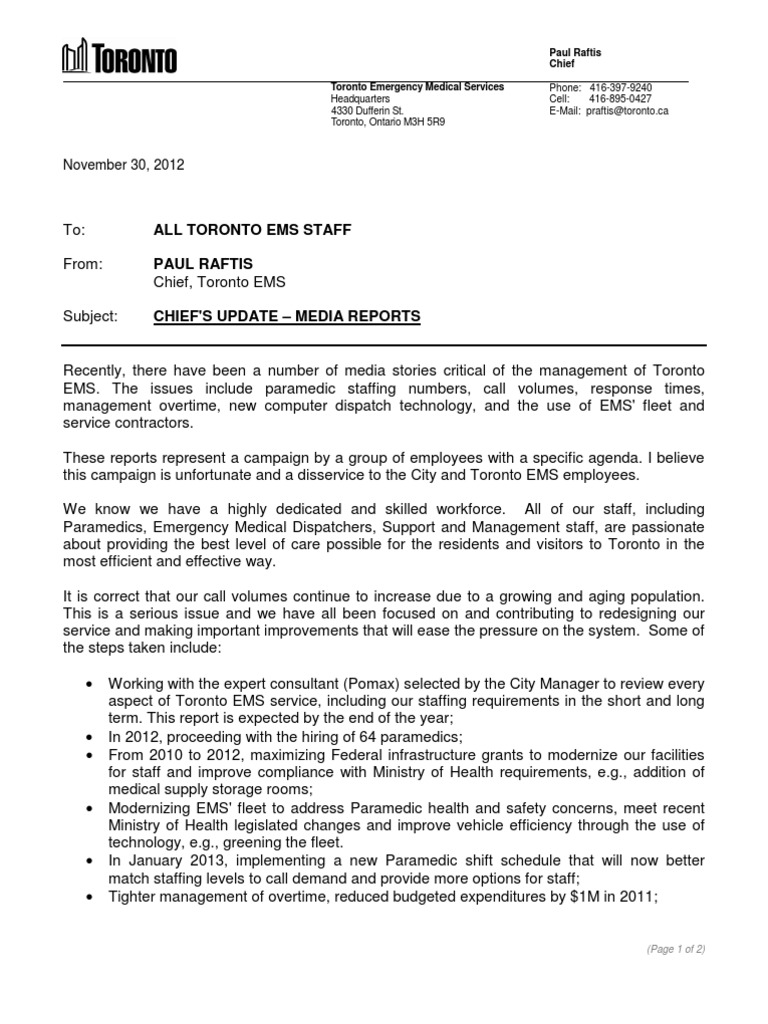 Toronto EMS chief's letter to staff Emergency Medical Services