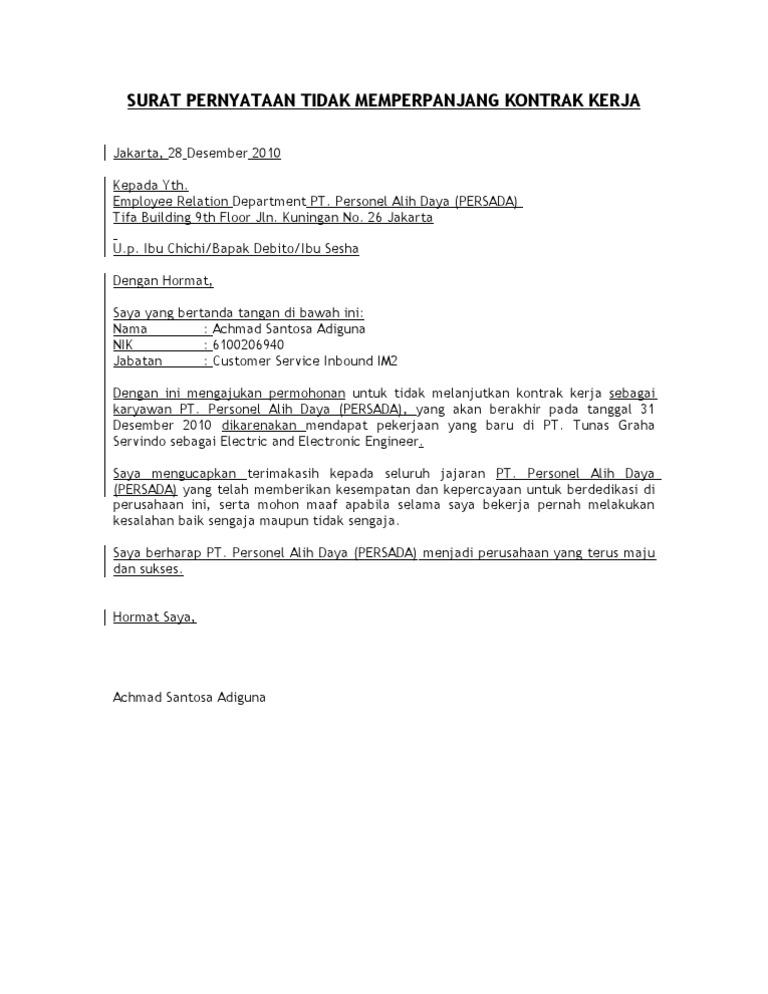 Contoh Surat Pernyataan Pemutusan Kontrak Kerjasama