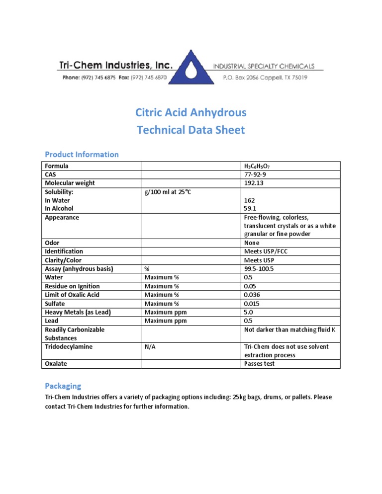 Citric Acid Anhydrous Technical Data Sheet | PDF