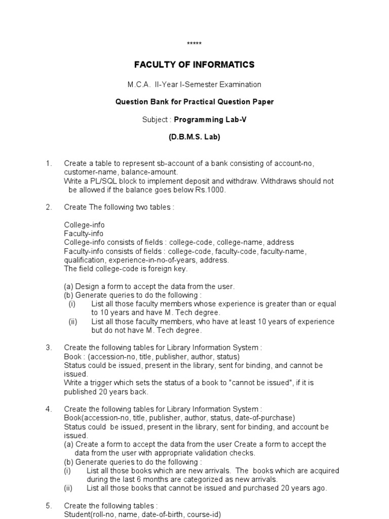 DBMS Lab Questions PDF Pl/Sql Databases