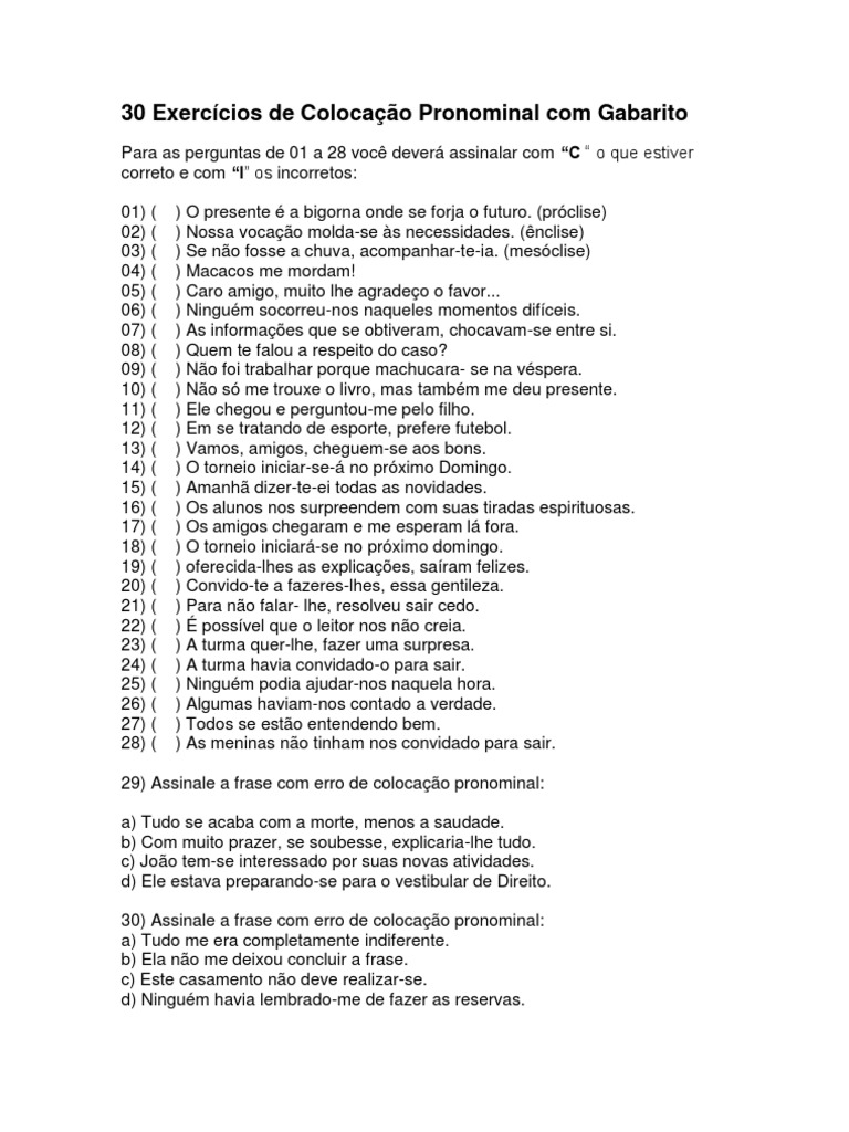Exercícios de Colocação Pronominal | PDF