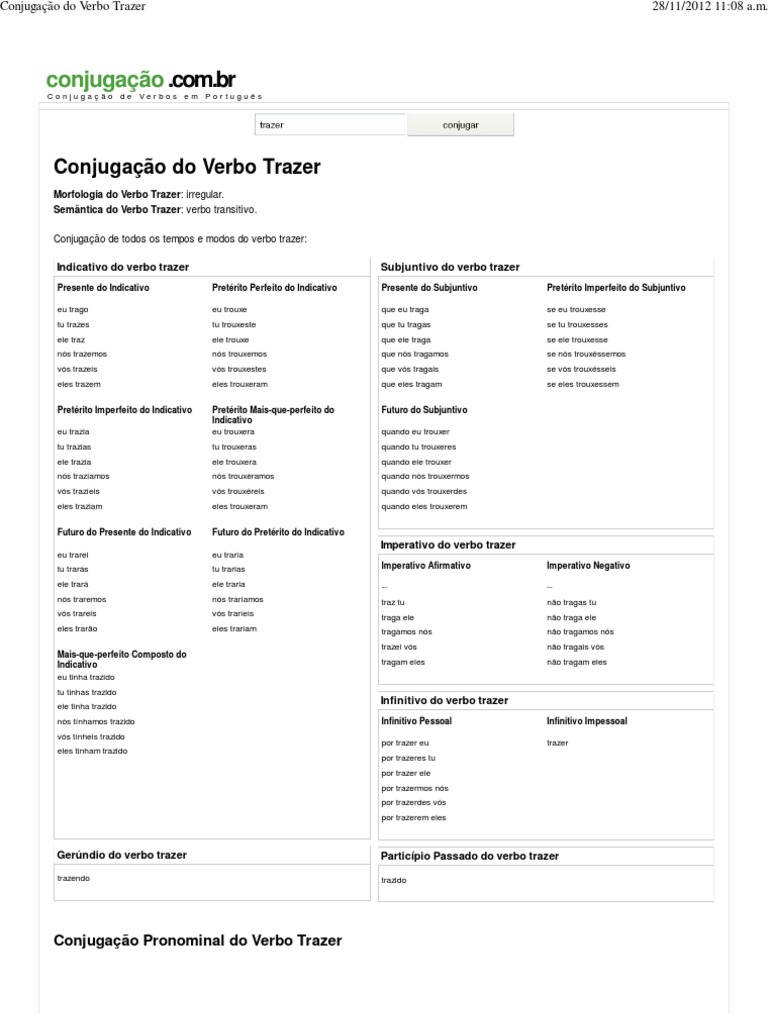 Conjugação do Verbo Trazer | PDF | Tempo gramatical | Regras