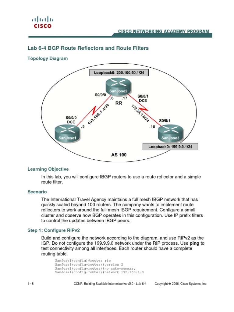 Lab 6-4 BGP Route Reflectors and Route Filters: Topology Diagram | PDF