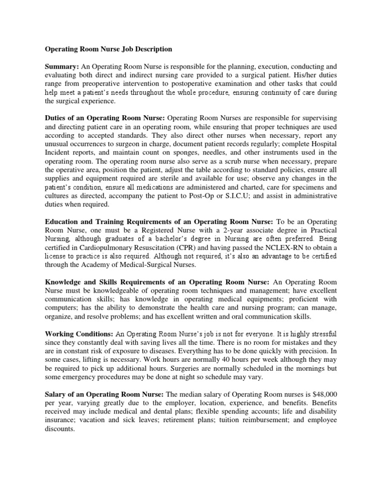 Operating Room Nurse Job Description PDF Operating Theater Nursing