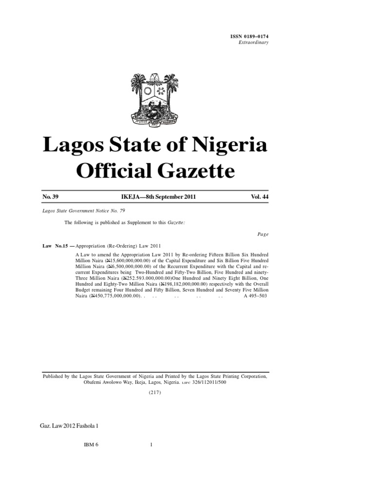 Lagos State of Nigeria Official Gazette No. 39 IKEJA—8th September