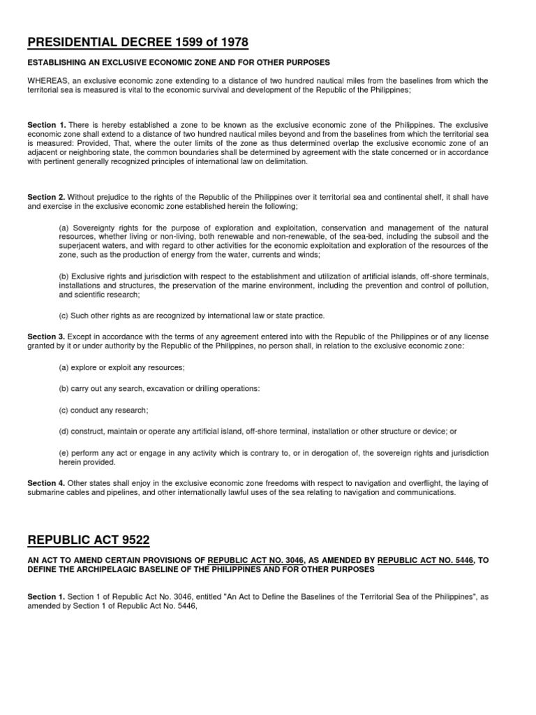 Presidential Decree 1599: EEZ Establishment | PDF | Territorial Waters ...