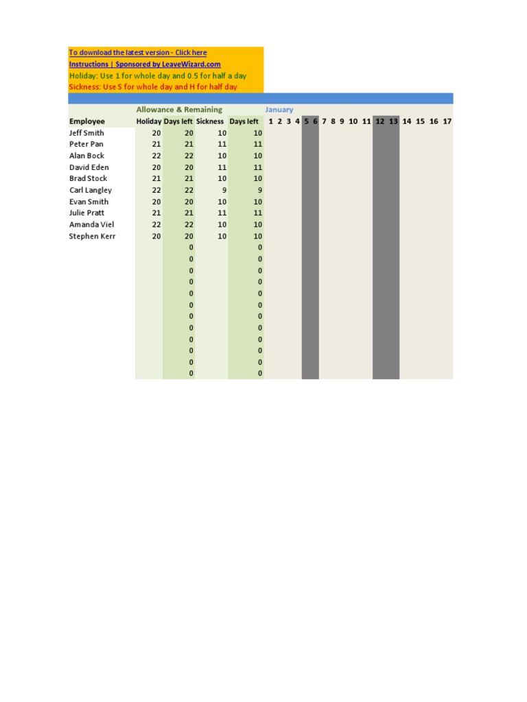 Free Template - Staff Holiday Planner Spreadsheet / Excel | PDF | Free