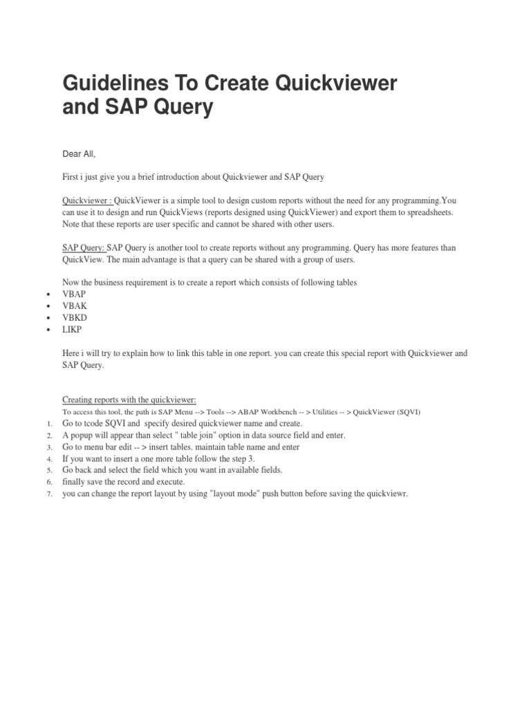 Quickviewer and SAP Query Guidelines | PDF | Computer Data | Computer ...