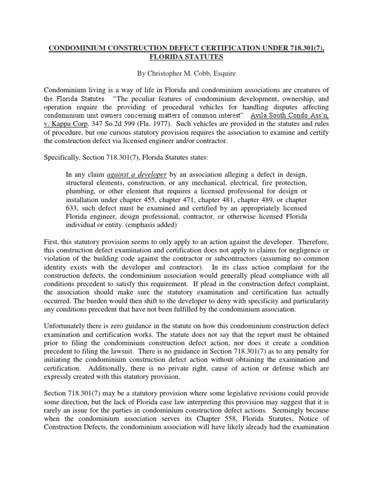 Condominium Construction Defect Certification Under 718.301 (7