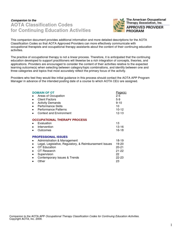 2009AOTA Classification Codes PDF Occupational Therapy Perception