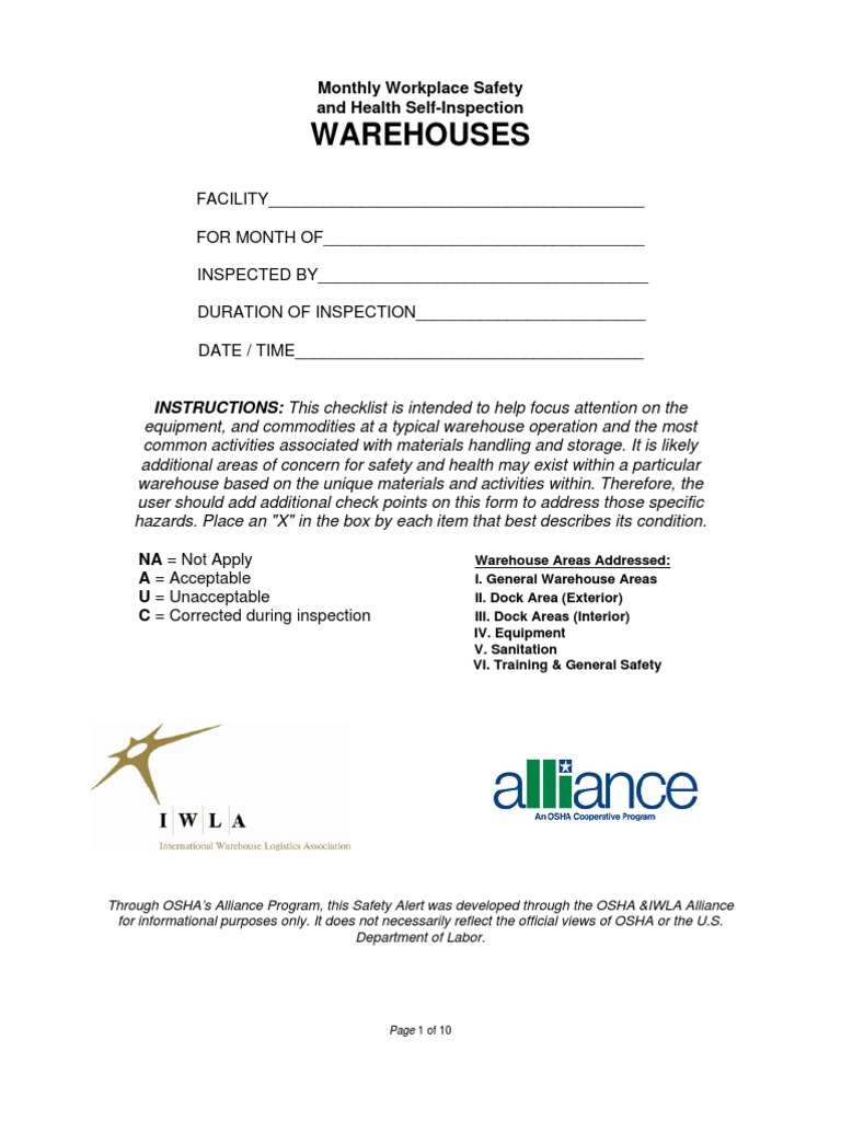 IWLA Safety Self-Inspection 1.29.08 | PDF | Forklift | Warehouse