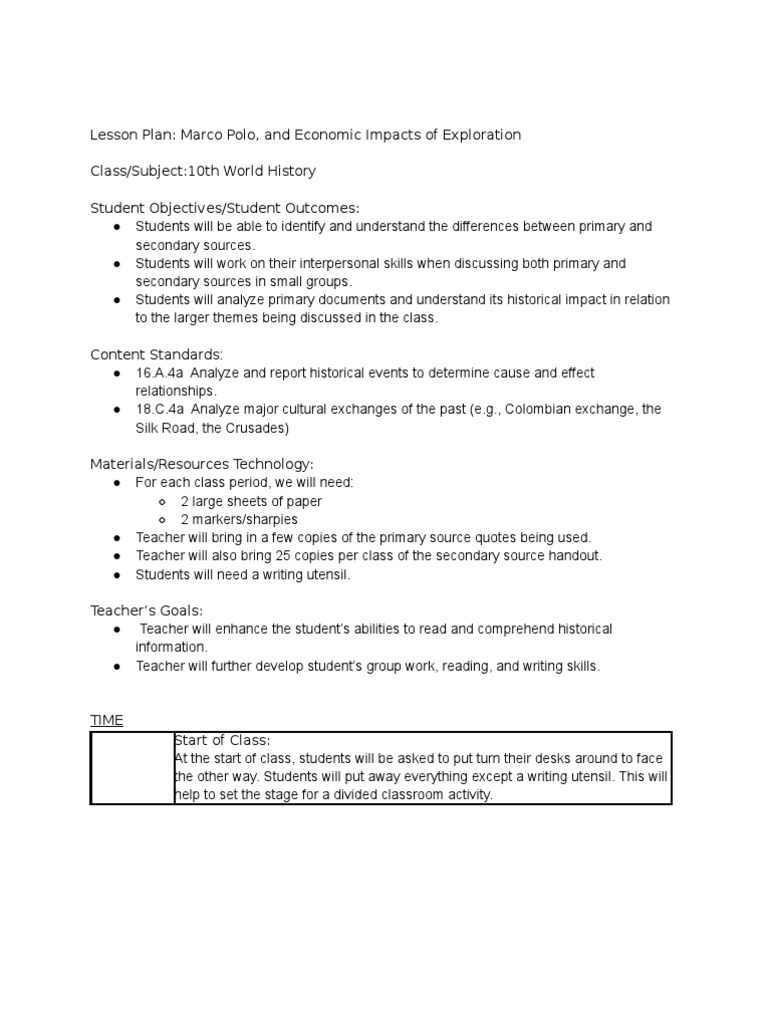 Marco Polo Lesson Plan Classroom Lesson Plan