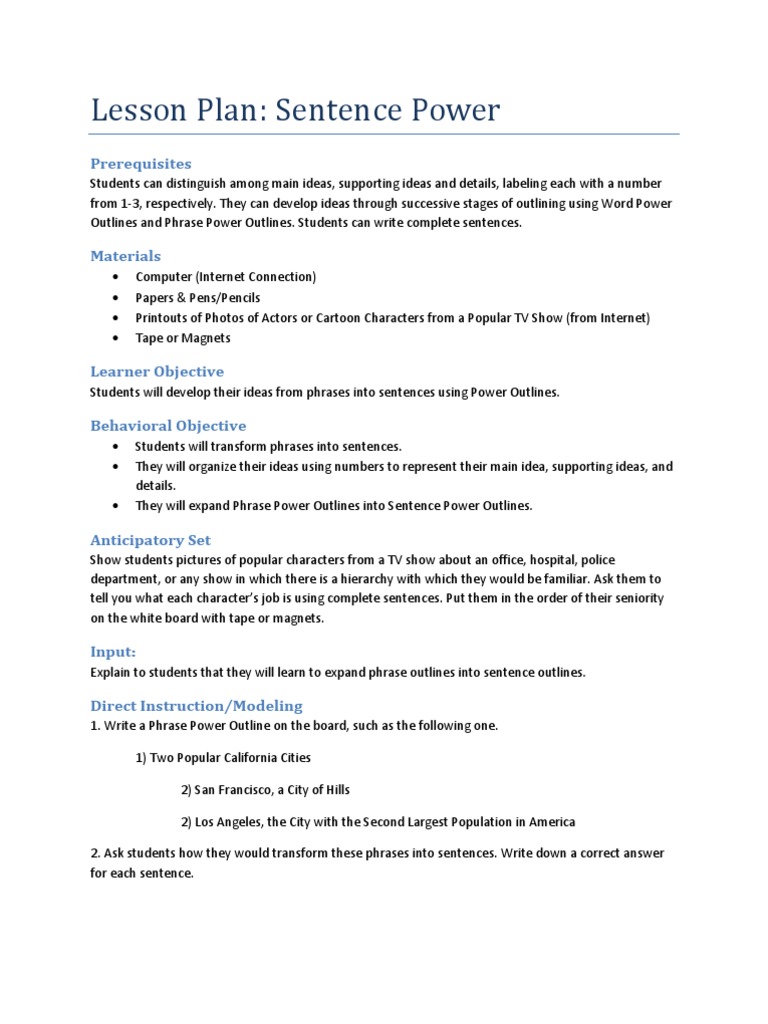 Lesson Plan Sentence Power | PDF | Lesson Plan | Psychological Concepts