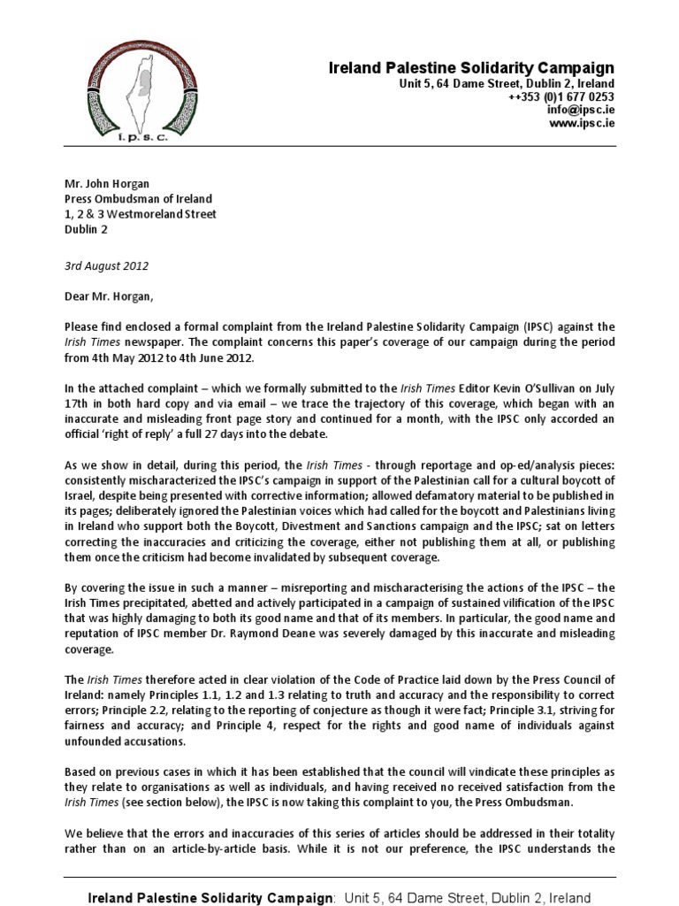 IPSC cover letter Complaint to Press Ombudsman Republic Of Ireland Public Sphere