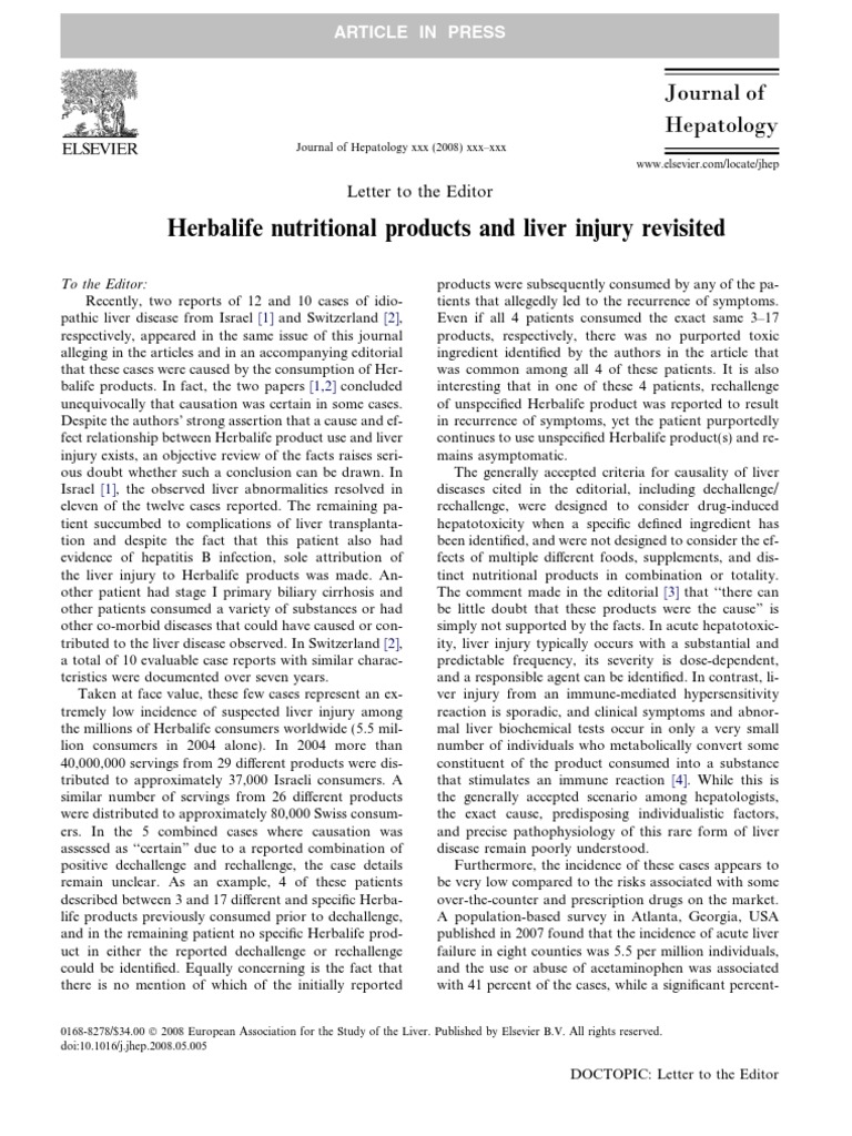 Herbalife Nutritional Products and Liver Injury Revisited PDF Hepatitis Liver