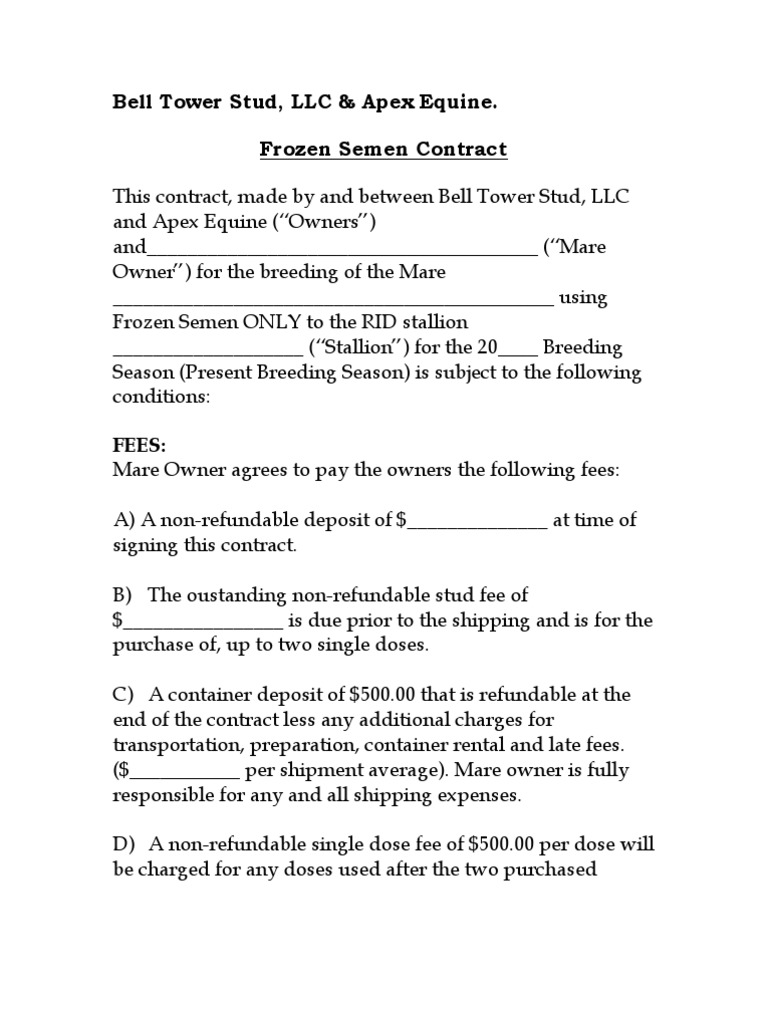 Frozen Semen Contract  PDF  Horse Breeding  Mare With stallion breeding contract templates
