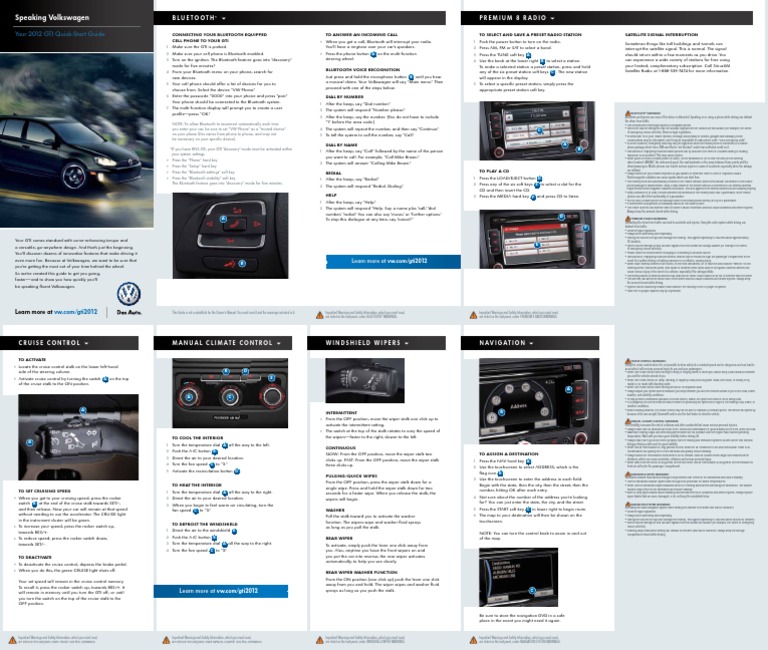 Speaking Volkswagen: Your 2012 GTI Quick-Start Guide | PDF