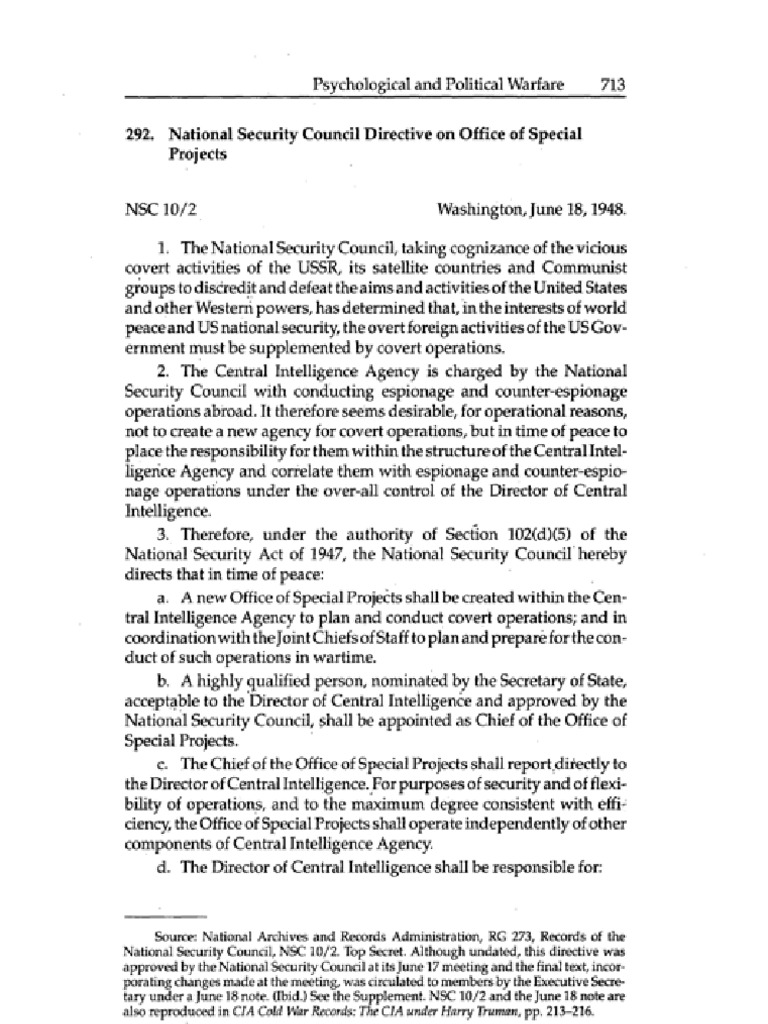 National Security Council Directive On Office of Special Projects NSC 10/2 (June 18 1948