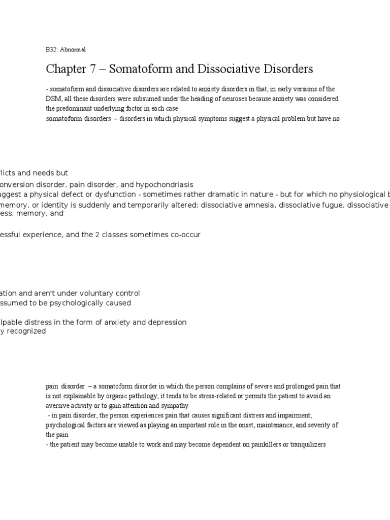 Somatoform and Dissociative Disorders Overview | PDF | Dissociation ...