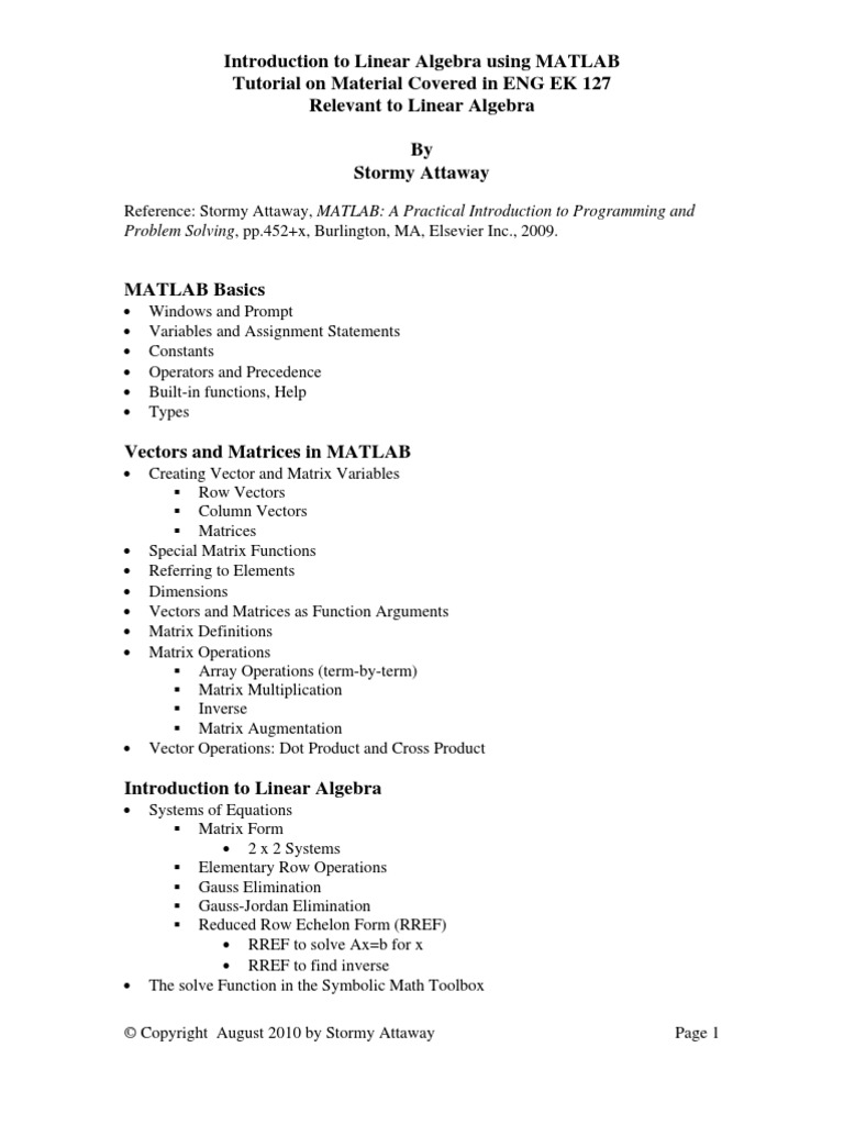 MATLAB Linear Algebra Tutorial | PDF | Matrix (Mathematics) | Matlab