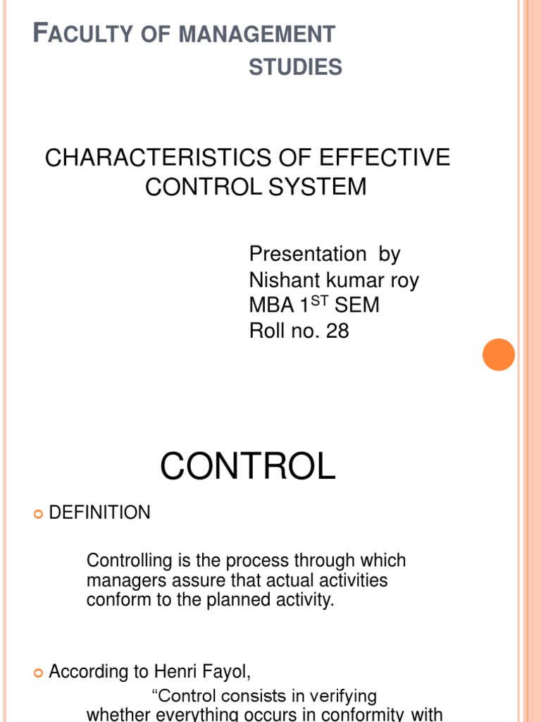 Characteristics of Effective Control System Aculty OF Management