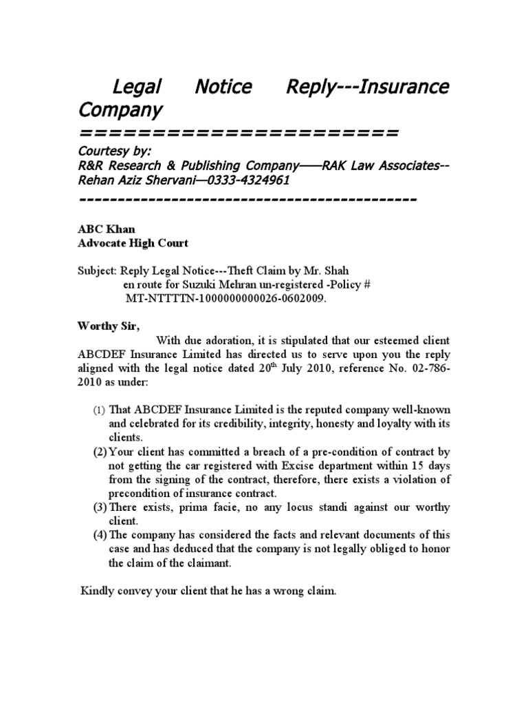 Legal NoticeReplyInsurance Company