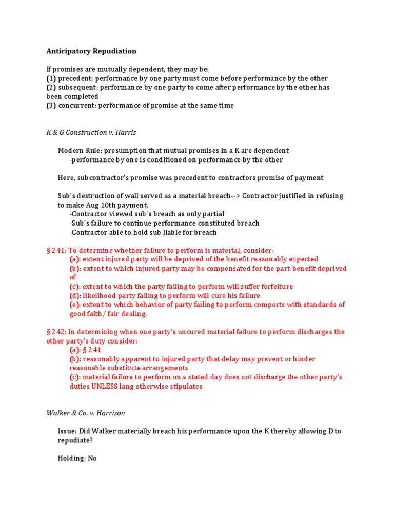 Breach, Response & Anticipatory Repudiation | PDF | Breach Of Contract ...