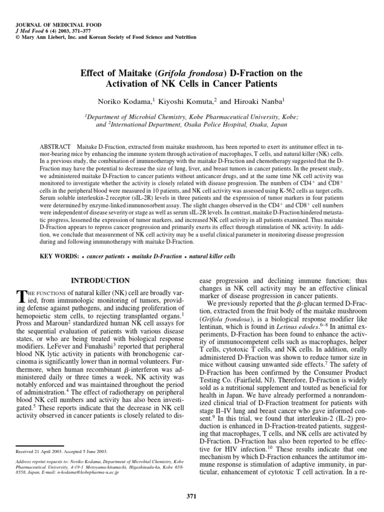 Effect of Maitake (Grifola Frondosa) DFraction On The Activation of NK