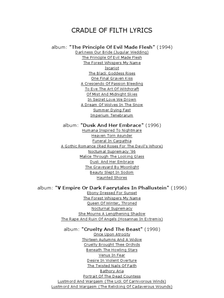 Cradle of Filth Lyrics PDF Religious Belief And Doctrine Mythology