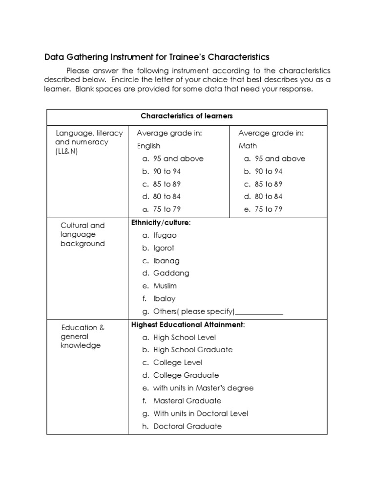 Data Gathering Tool for Trainees Characteristics Learning Styles Teaching