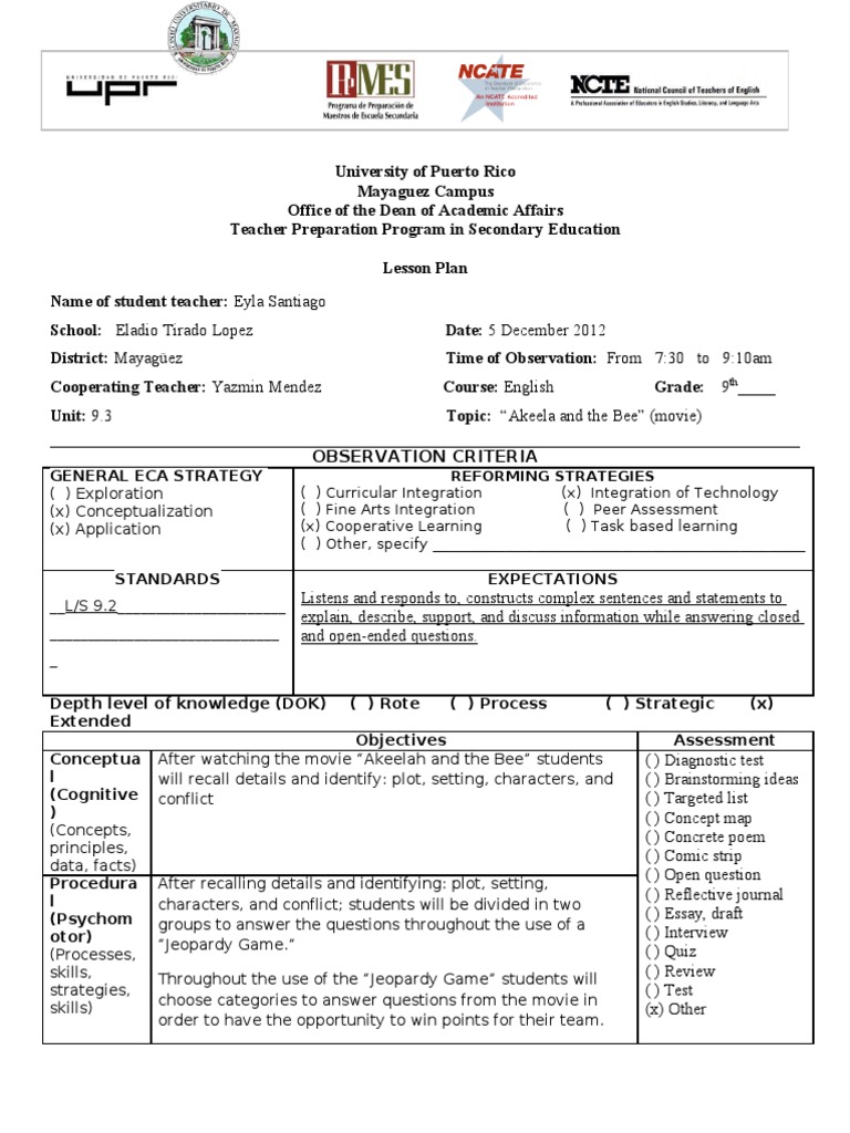 Akeelah and the Bee Lesson Plan | PDF | Educational Assessment | Lesson ...
