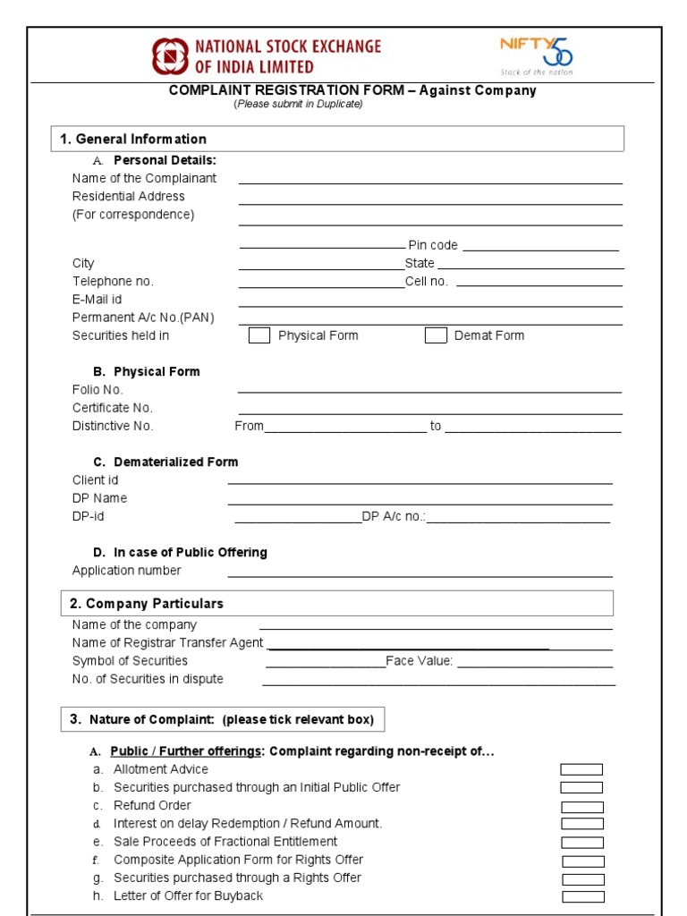 Complaint Registration Form Against Company Personal Details PDF