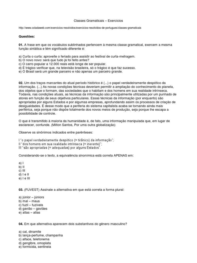 Classes Gramaticais (Exercícios Com Gabarito) 2 | PDF | Estrelas ...