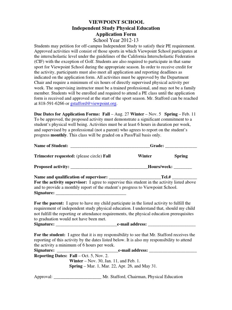 Viewpoint School PE Independent Study Form | PDF | Physical Education ...