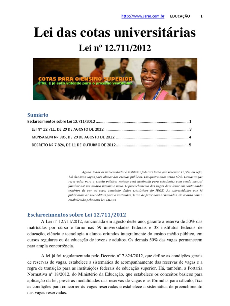 Lei Das Cotas Universitárias Lei Nº 12.711/2012 | PDF | Ensino Superior ...