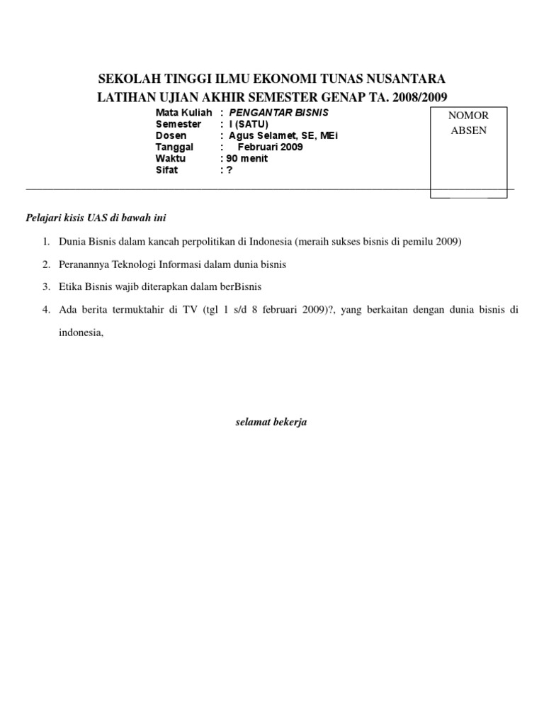 Latihan Soal UAS Pengantar Bisnis